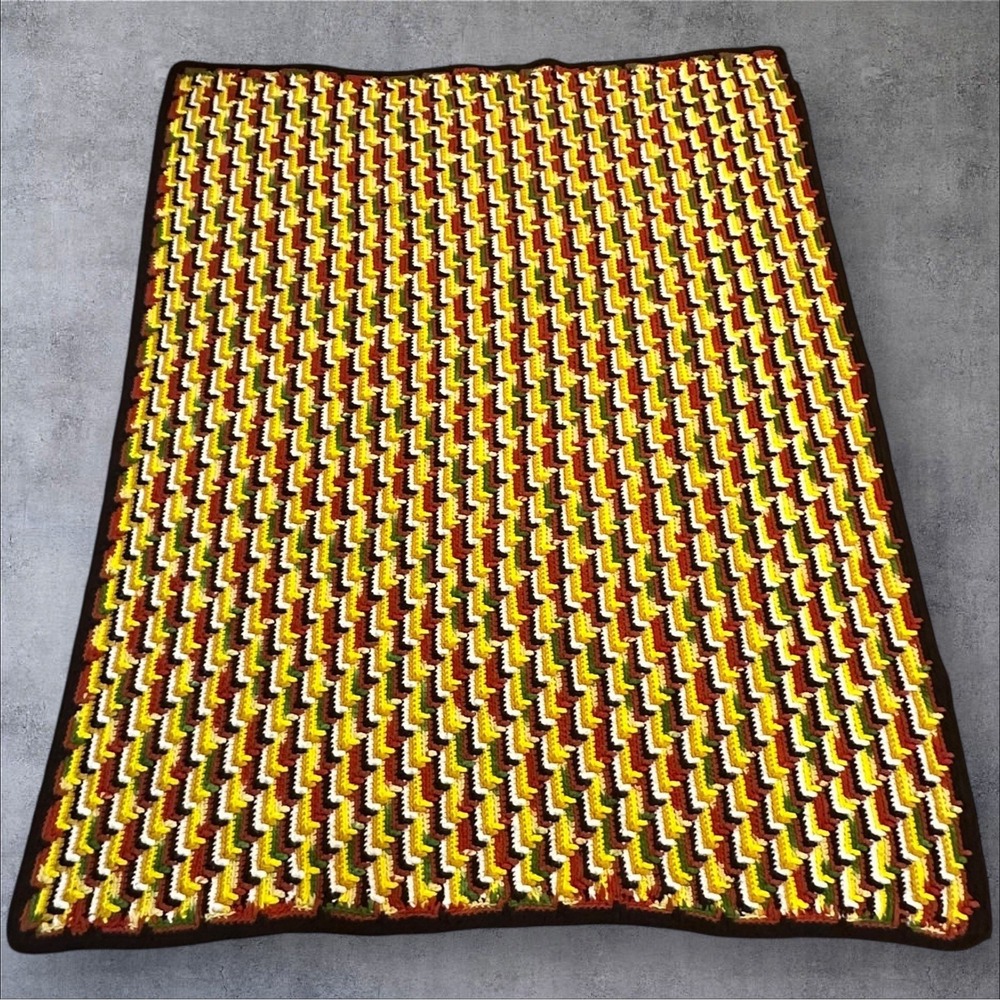 Vrg Crochet Afghan Blanket-Apache Tears Stitch-Chevron Zigzag Retro Fall 52"x41"